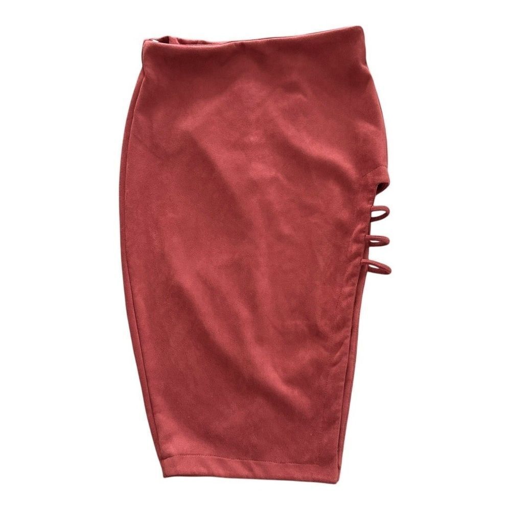 Day Night Womens Bandage Skirt Cut-Out Side Slit Rust Red Faux Suede S